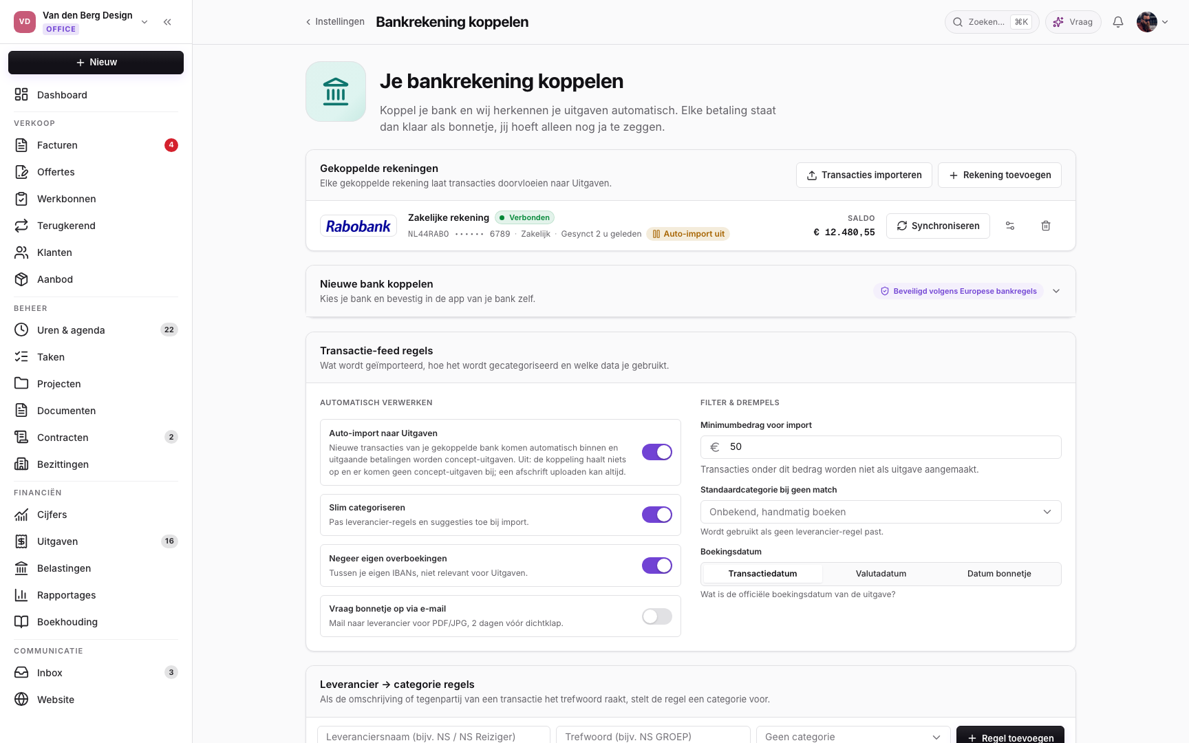 Gekoppelde zakelijke rekening, met de regels voor het binnenhalen van transacties