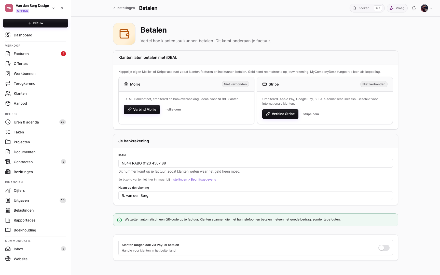 Instellingen voor online betalen met iDEAL via Mollie of Stripe