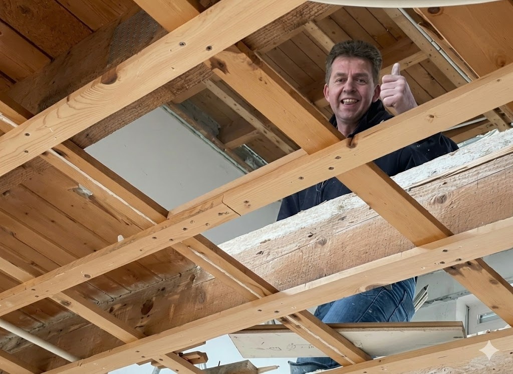Richard aan het werk aan een dakconstructie